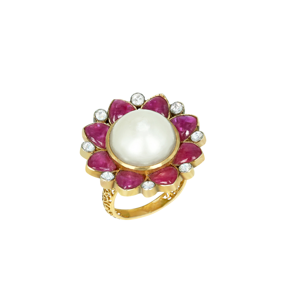 Pearl Ring with Ruby Halo and Diamond Accents